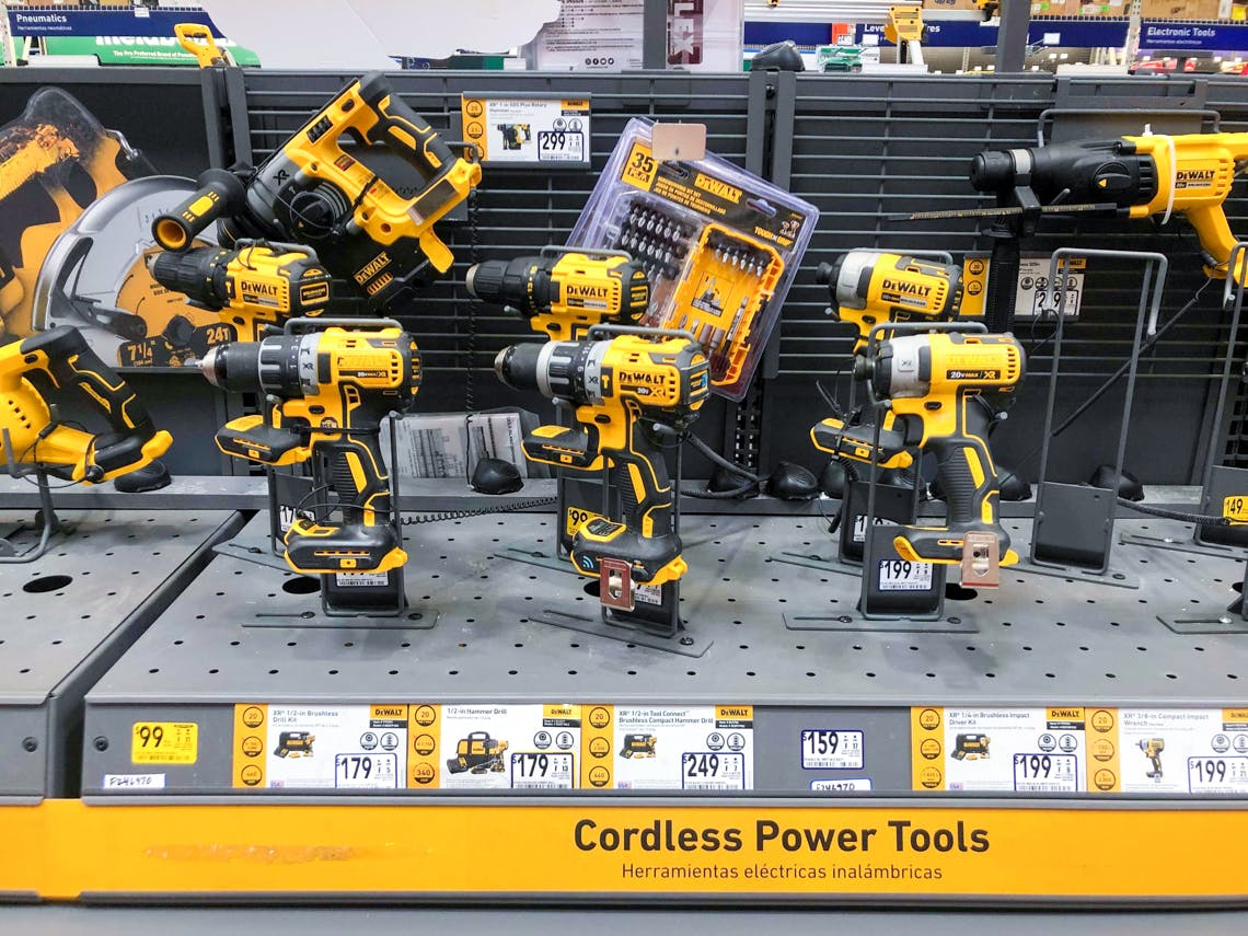dewalt drills on table-top counter of lowe's store