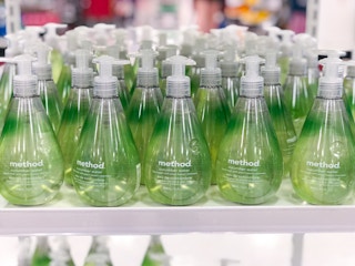 bottles of hand soap on center aisle display at Target