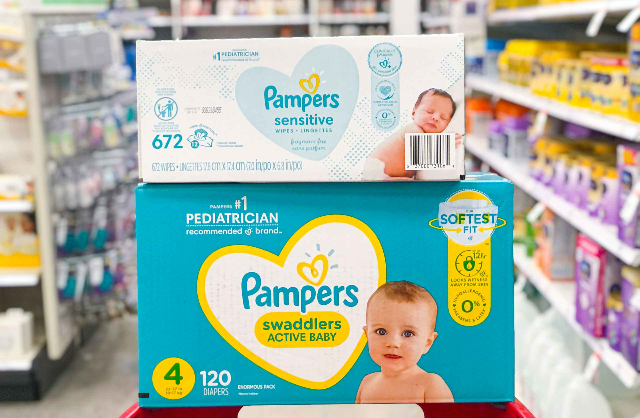 Pampers diapers box and Pampers wipes in box in Target store aisle
