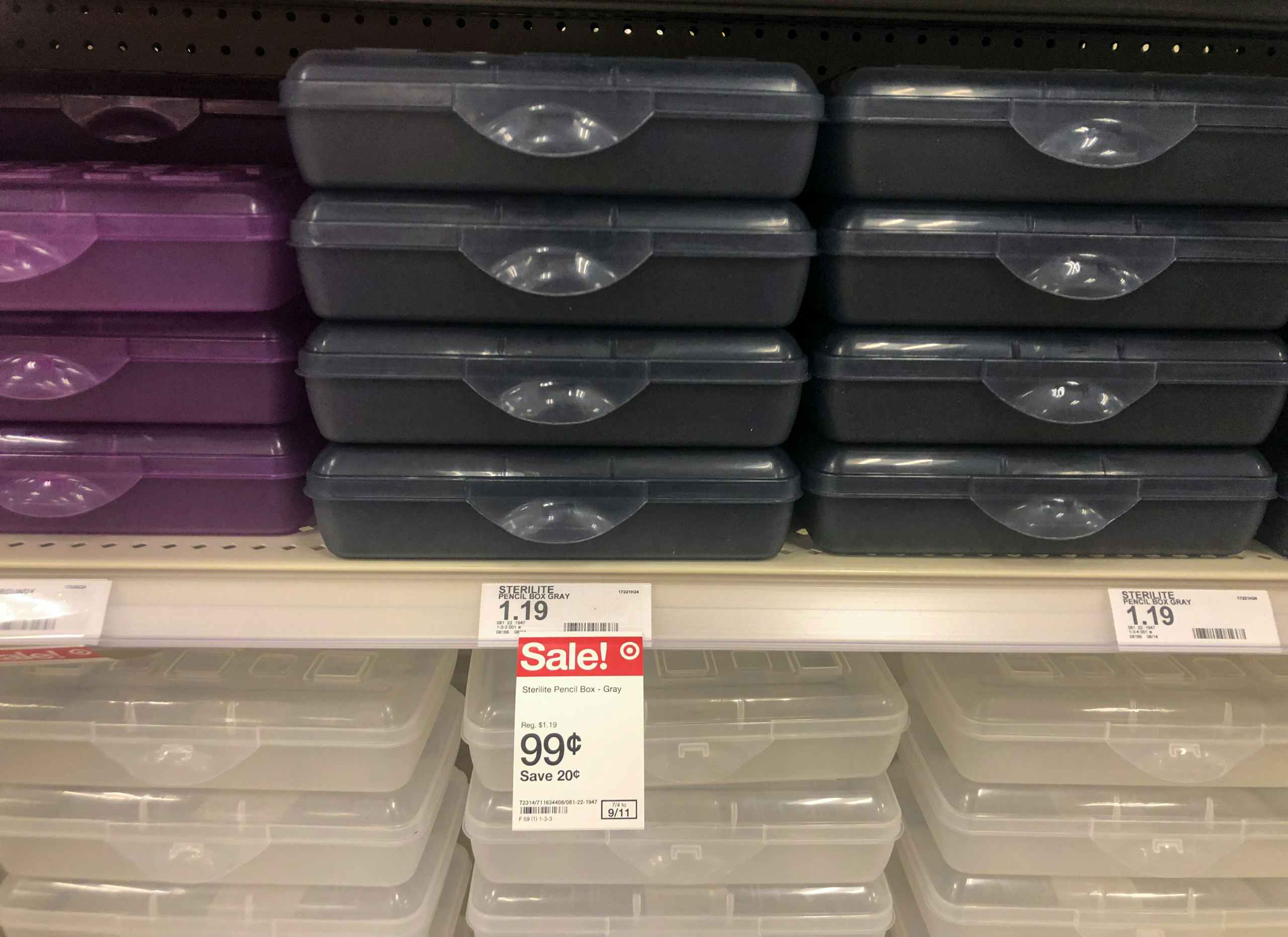 pencil boxes on display at Target with $0.99 sale tag