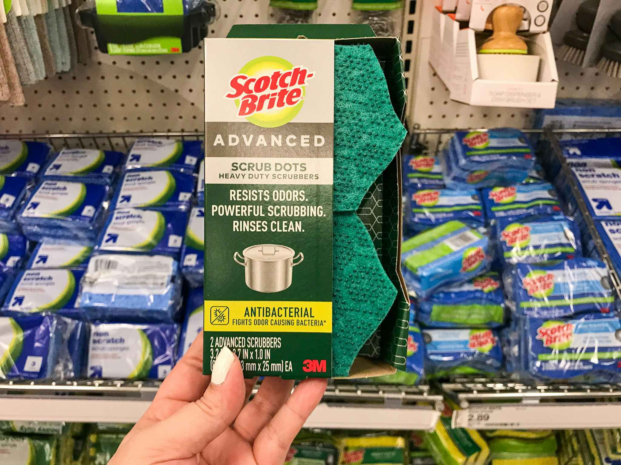 hand holding a scotch-brite advanced scrub dots heavy duty scrubbers at target