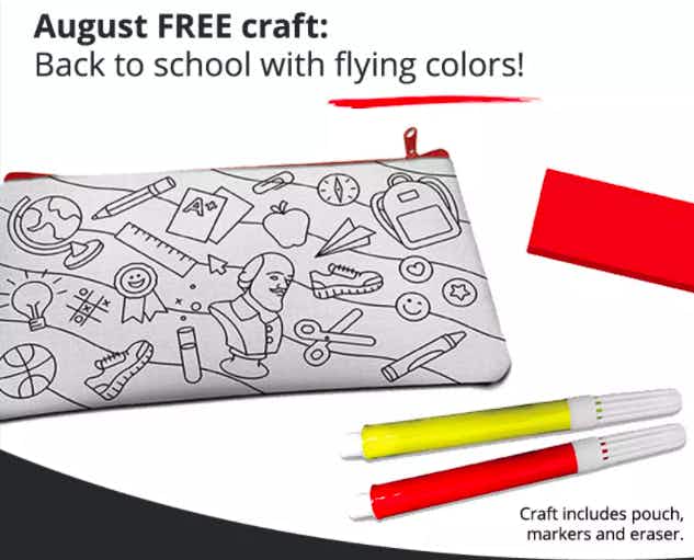 A screenshot from JCPenney's Kids Zone site with a free craft offered including a pouch, markers, and an eraser.