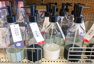 glass soap bottles on store shelf at Target