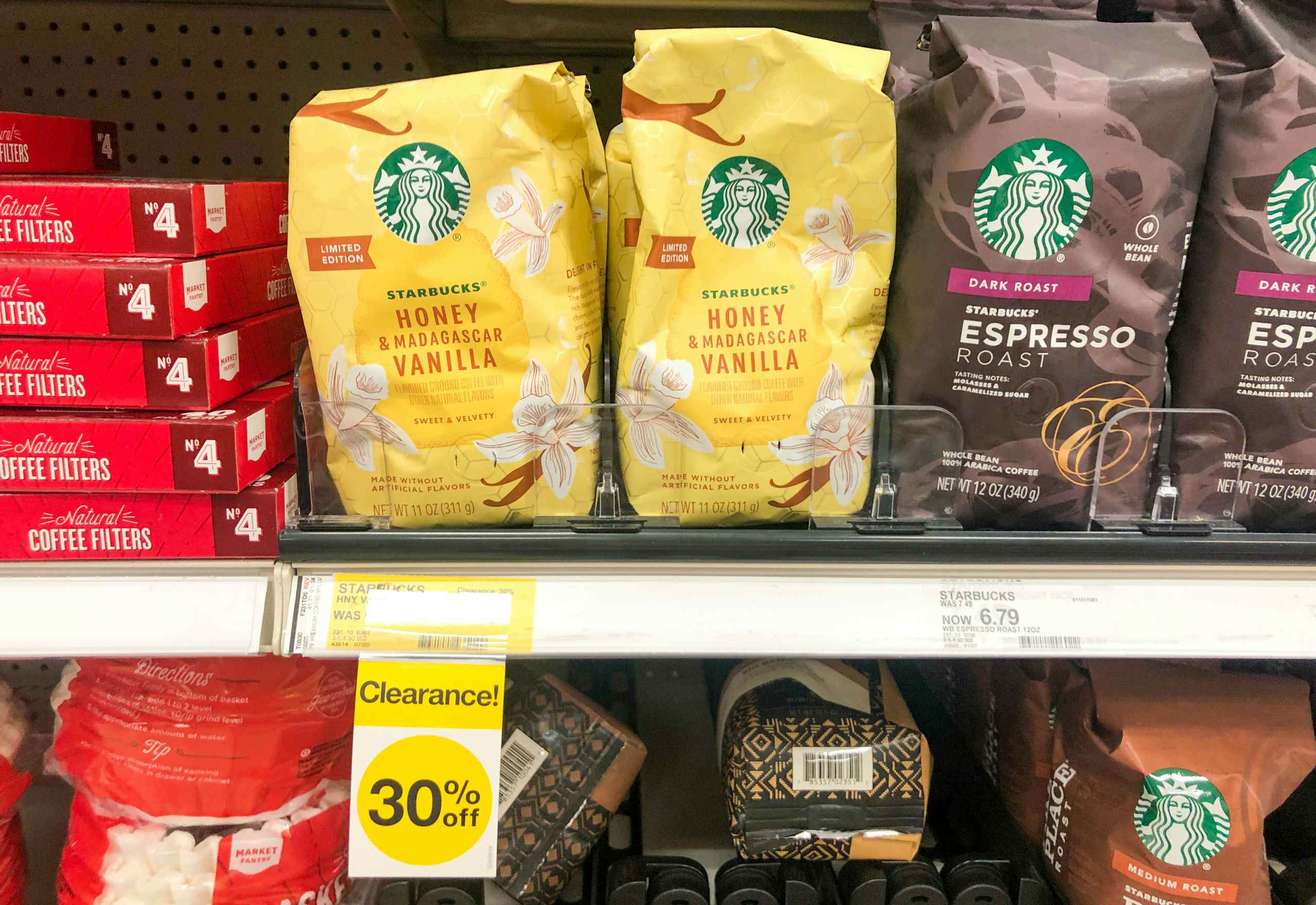 Clearance Starbucks coffee on Target store shelf