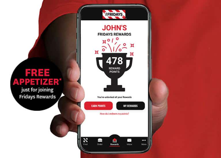 TGI Fridays app on mobile phone displaying reward points.