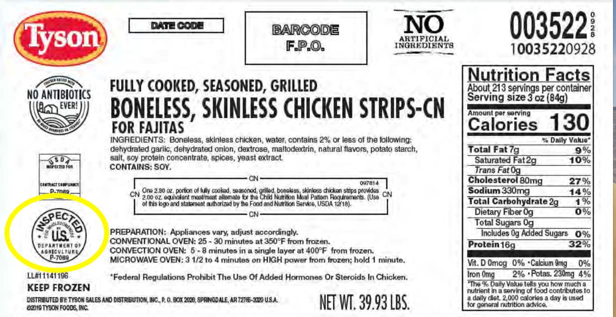 close up of tyson chicken label with inspected by p-7089 circled for recall