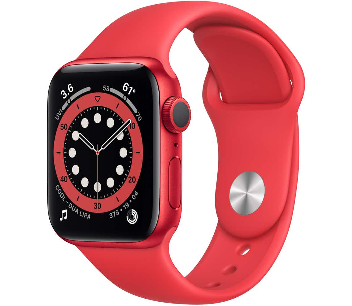 stock photo of red apple watch series 6 on white background