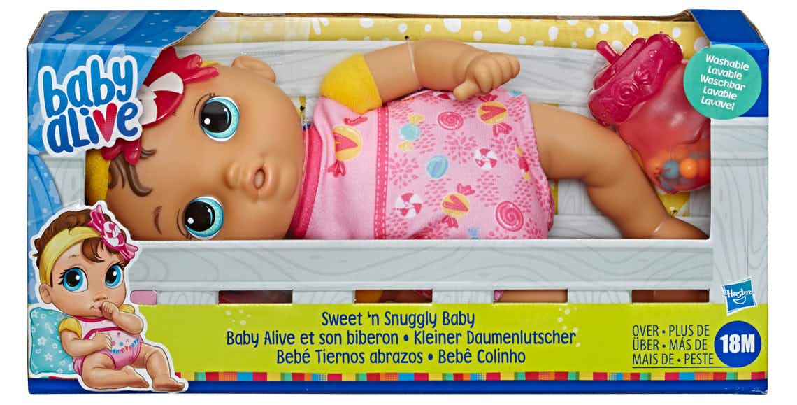 stock photo of baby alive sweet snuggle baby doll in box on white background