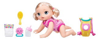 stock photo of Baby Alive Baby Go Bye Bye Blonde Hair Doll on white background