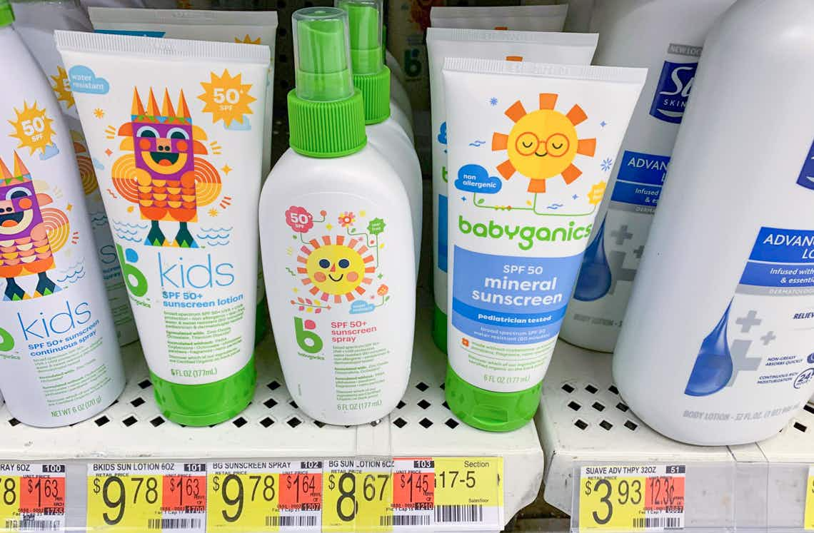 babyganics sunscreen on walmart shelf with other baby sunscreens