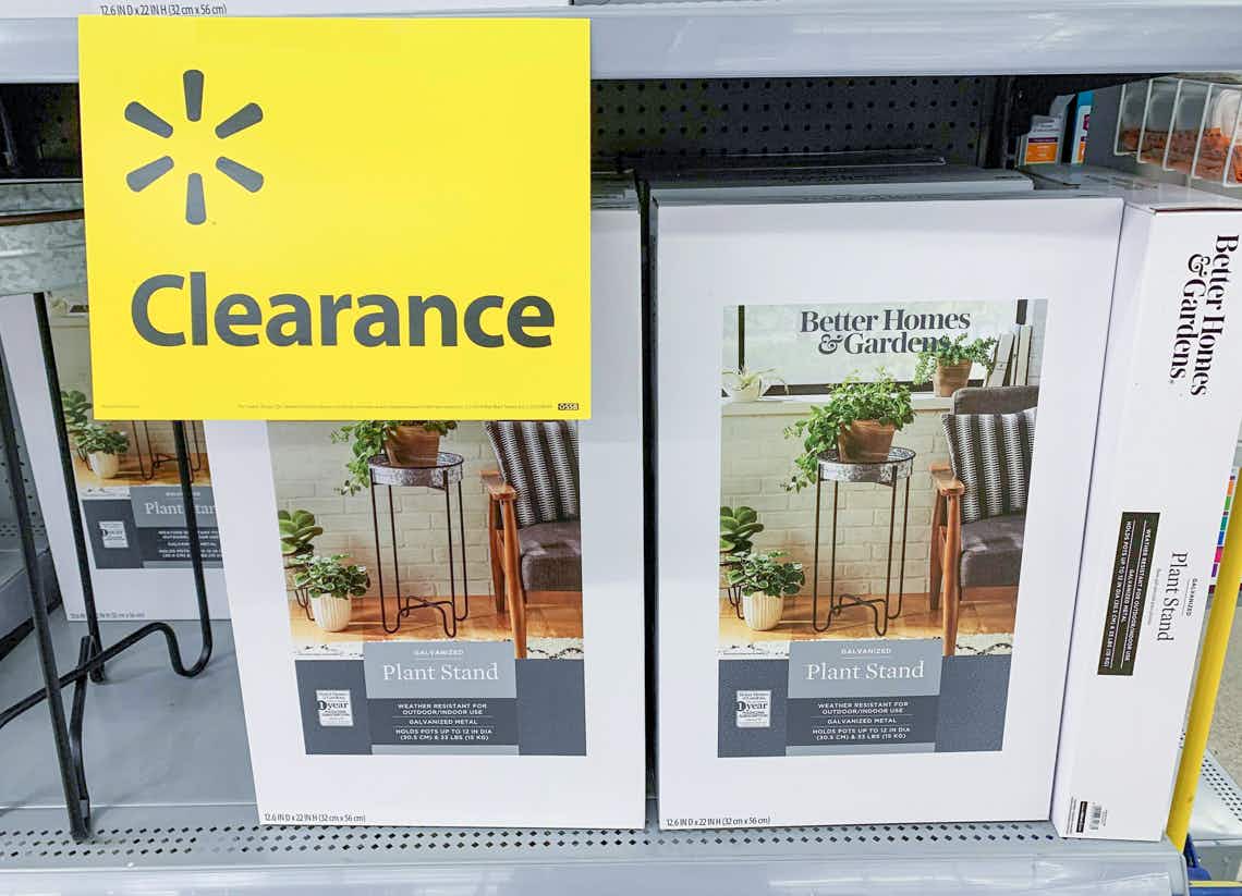 better homes and gardens plant stands on walmart shelf with clearance sign