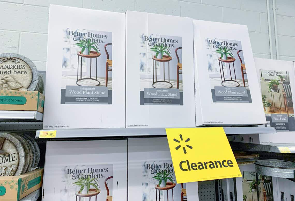 better homes and gardens plant stands on walmart shelf with clearance sign