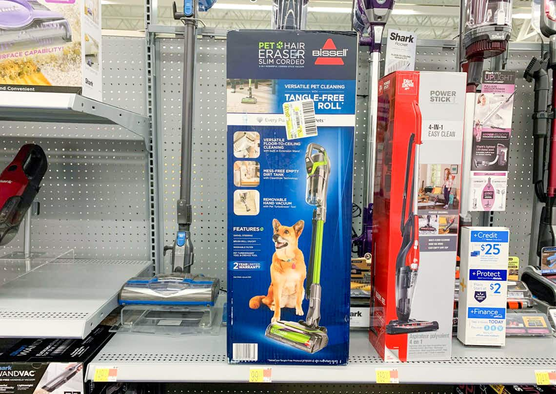 bissell pet hair eraser vacuum in box on walmart shelf