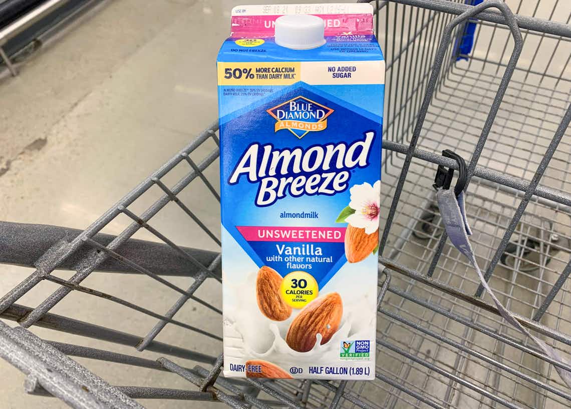 carton of blue diamond almond breeze almondmilk in walmart cart