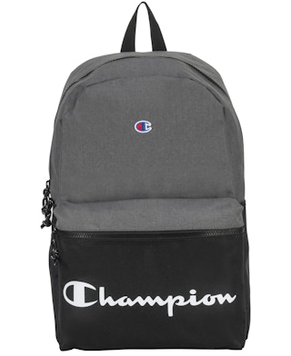 stock photo of champion blue and black manuscript backpack on white background