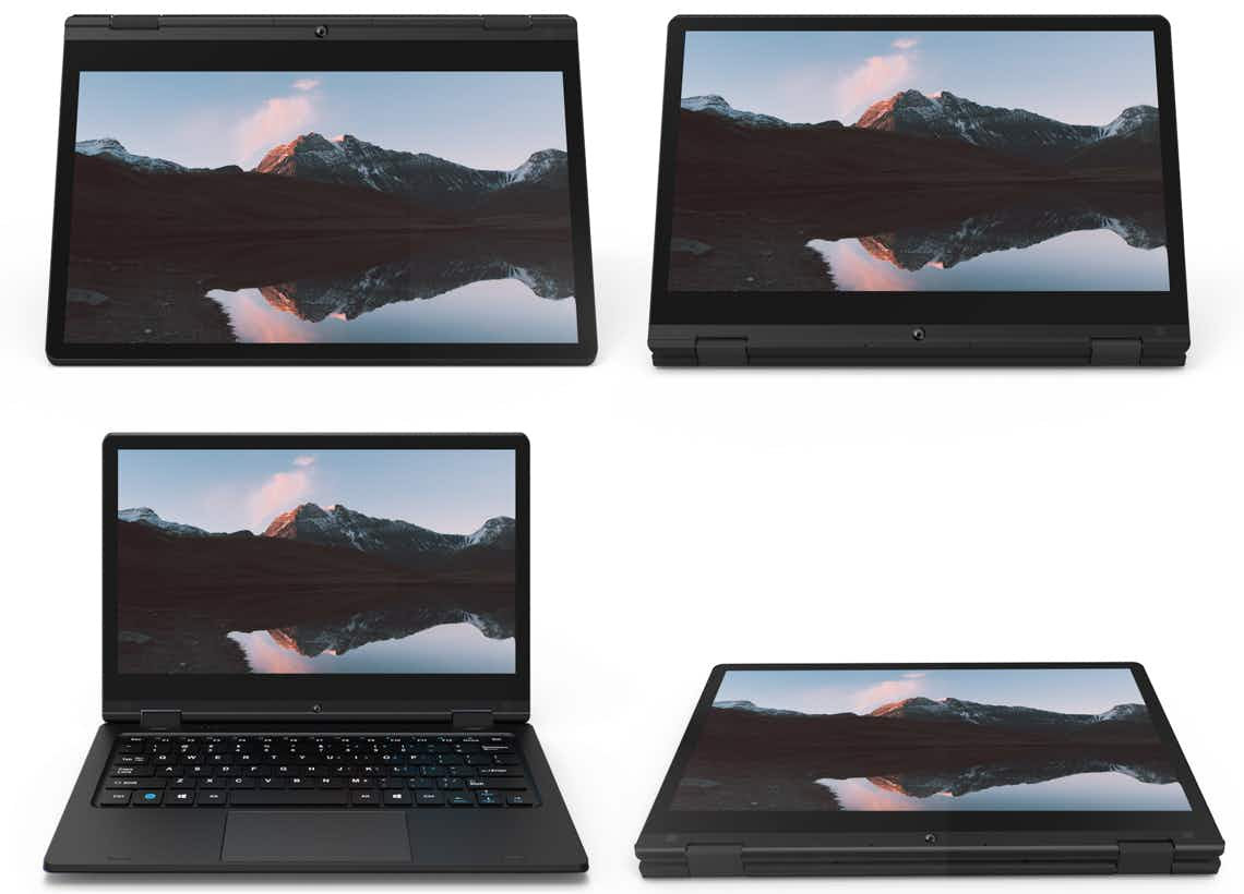 stock photo of core innovations 2 in 1 touchscreen laptop in four different positions on white background