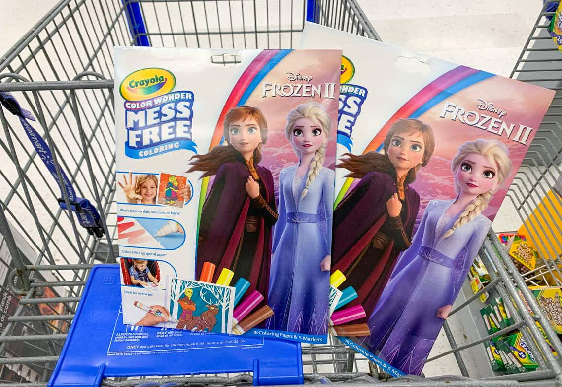 two crayola disney frozen II mess free coloring packs in walmart cart