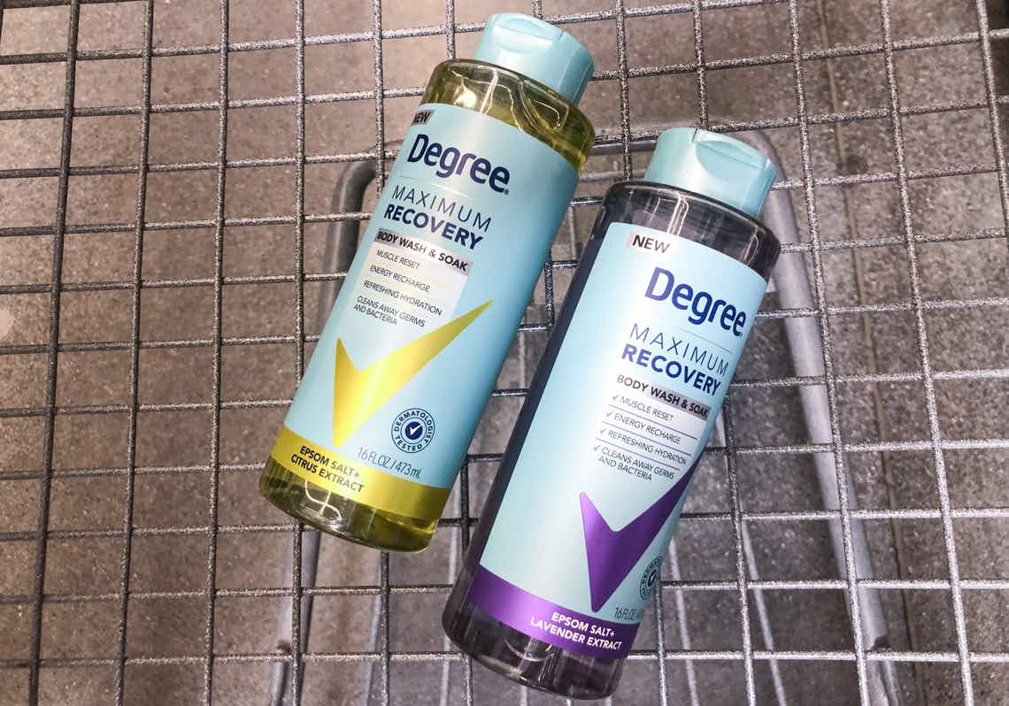 two bottles of degree womens maximum recovery body wash in walmart cart