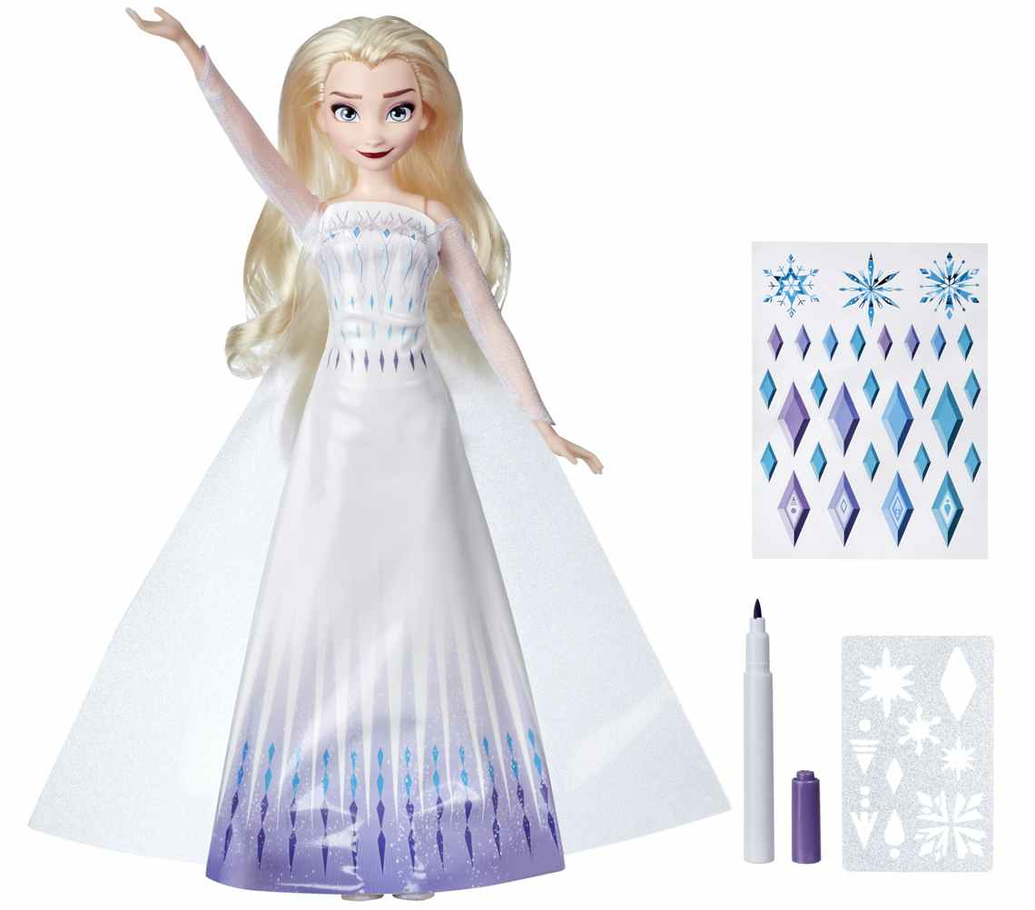 stock photo of disney frozen II elsa design-a-dress doll with stickers, marker and stencil on white background