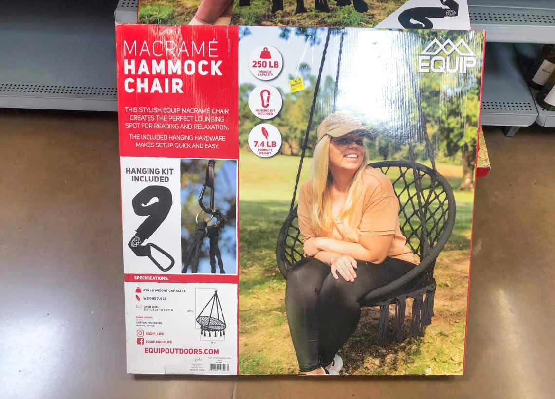 equip macrame hammock swing chair in a box on walmart floor