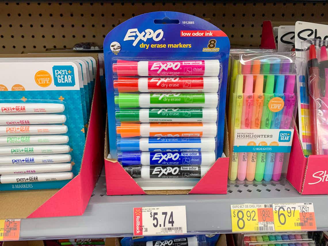 expo dry erase chisel tip markers on walmart shelf with rollback price tag