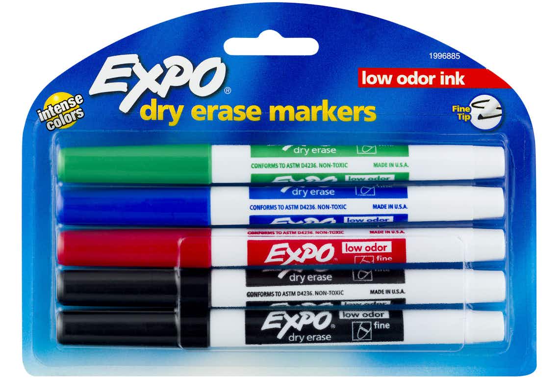 stock photo of expo dry erase fine tip markers five pack on white background