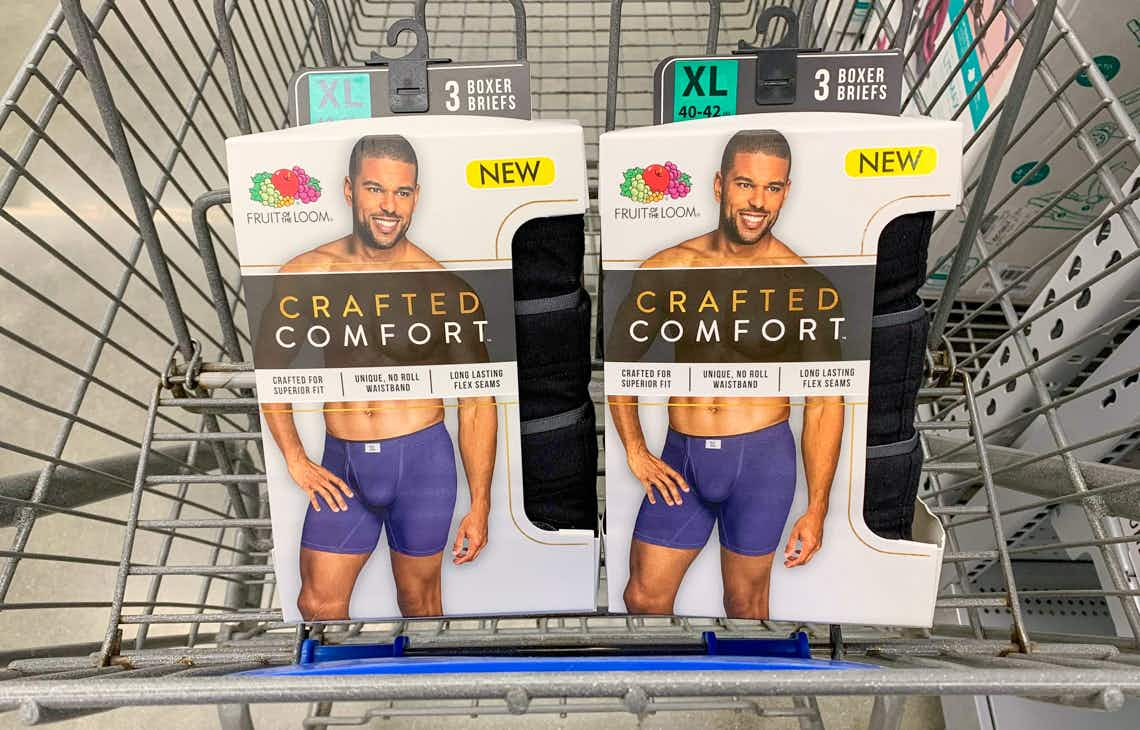 two packs of fruit of the loom crafted comfort boxers in walmart cart