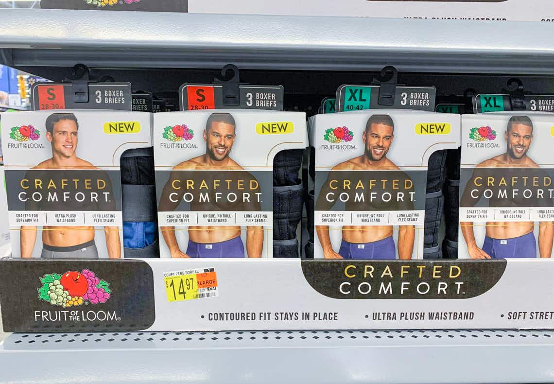 fruit of the loom crafted comfort boxers in display box on walmart shelf