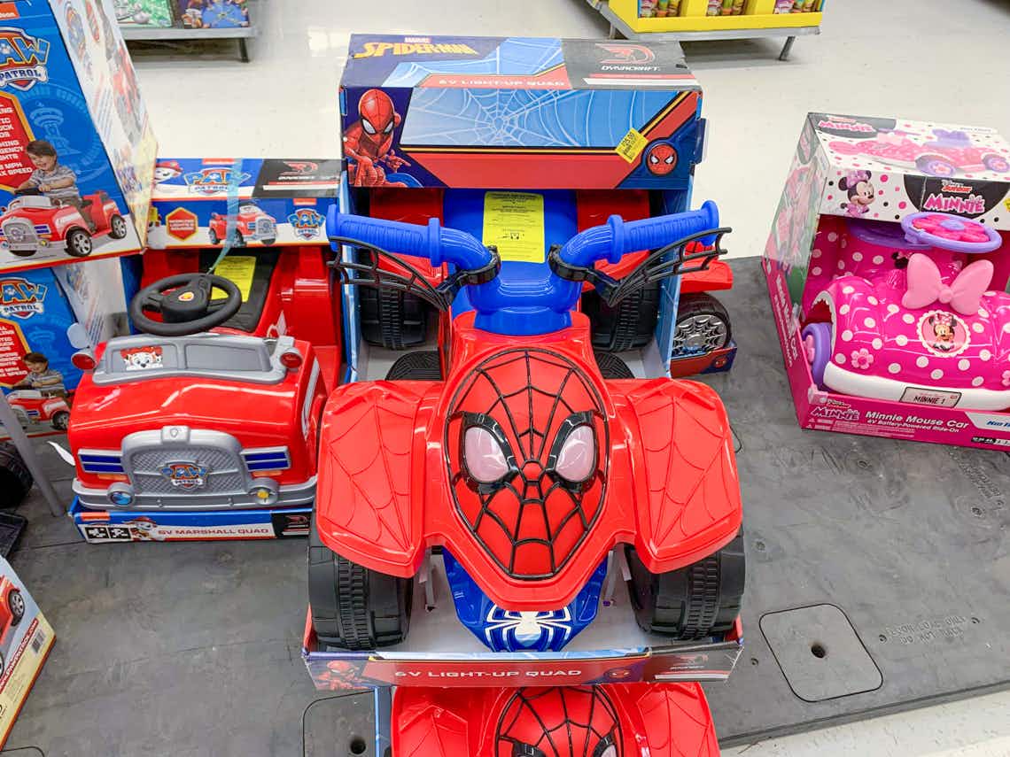 dynacraft spiderman light up quad ride on toy on walmart pallet