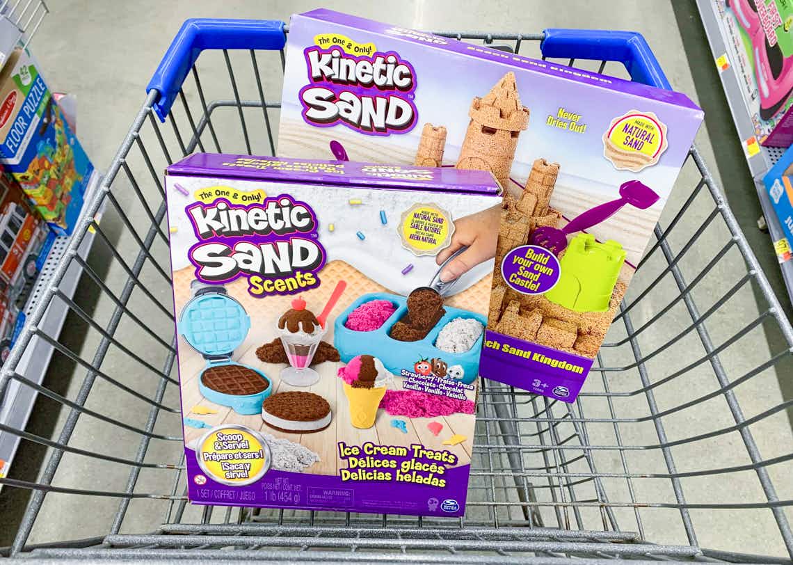 kinetic sand ice cream treats set and beach sand kingdom set in walmart cart