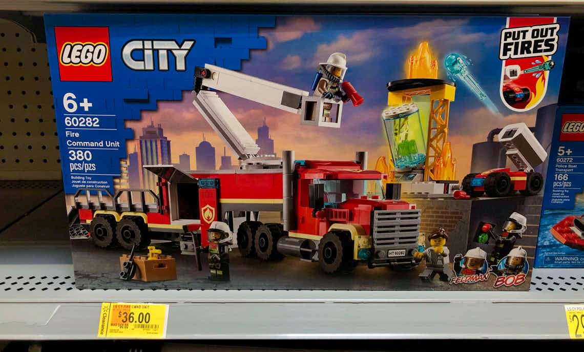 lego city fire command truck set on walmart shelf with clearance tag