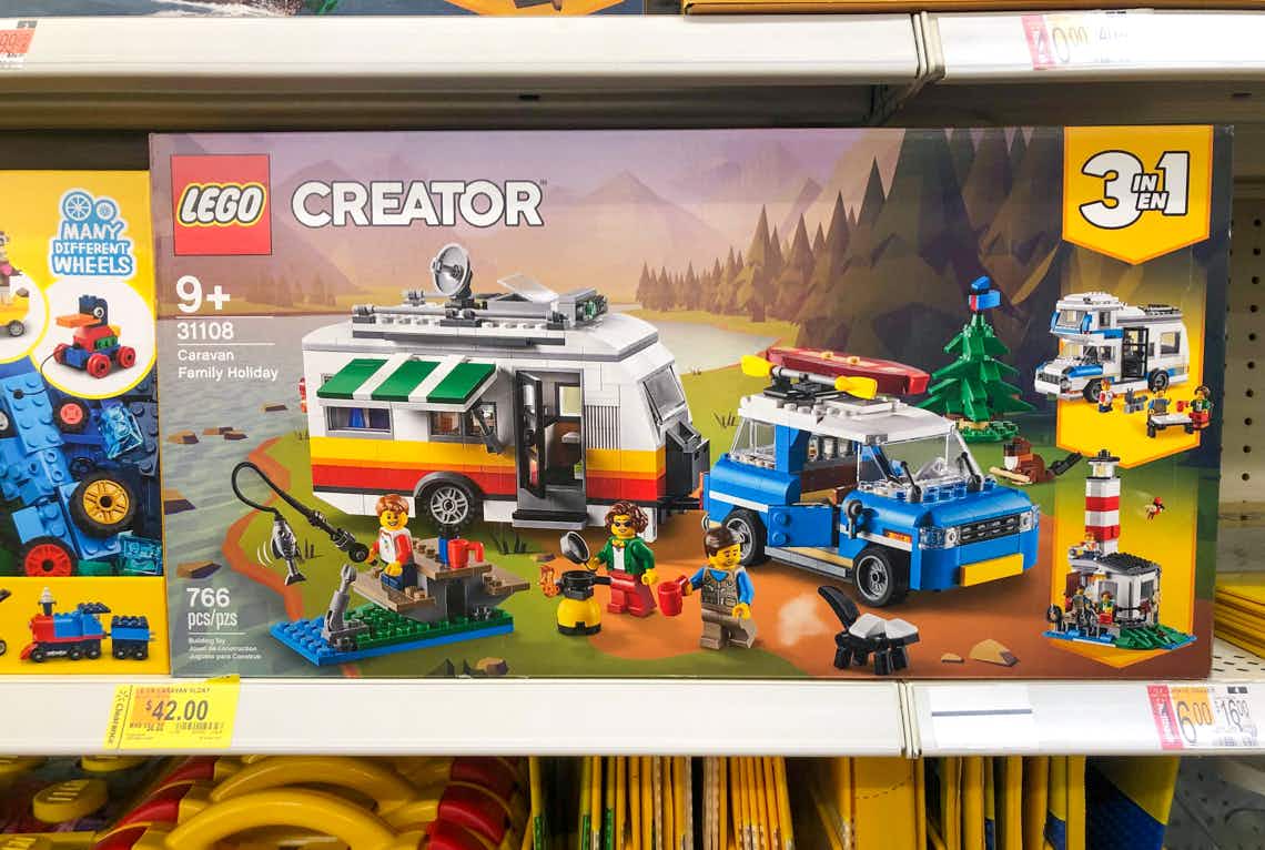 lego creator caravan family holiday set on walmart shelf with clearance tag
