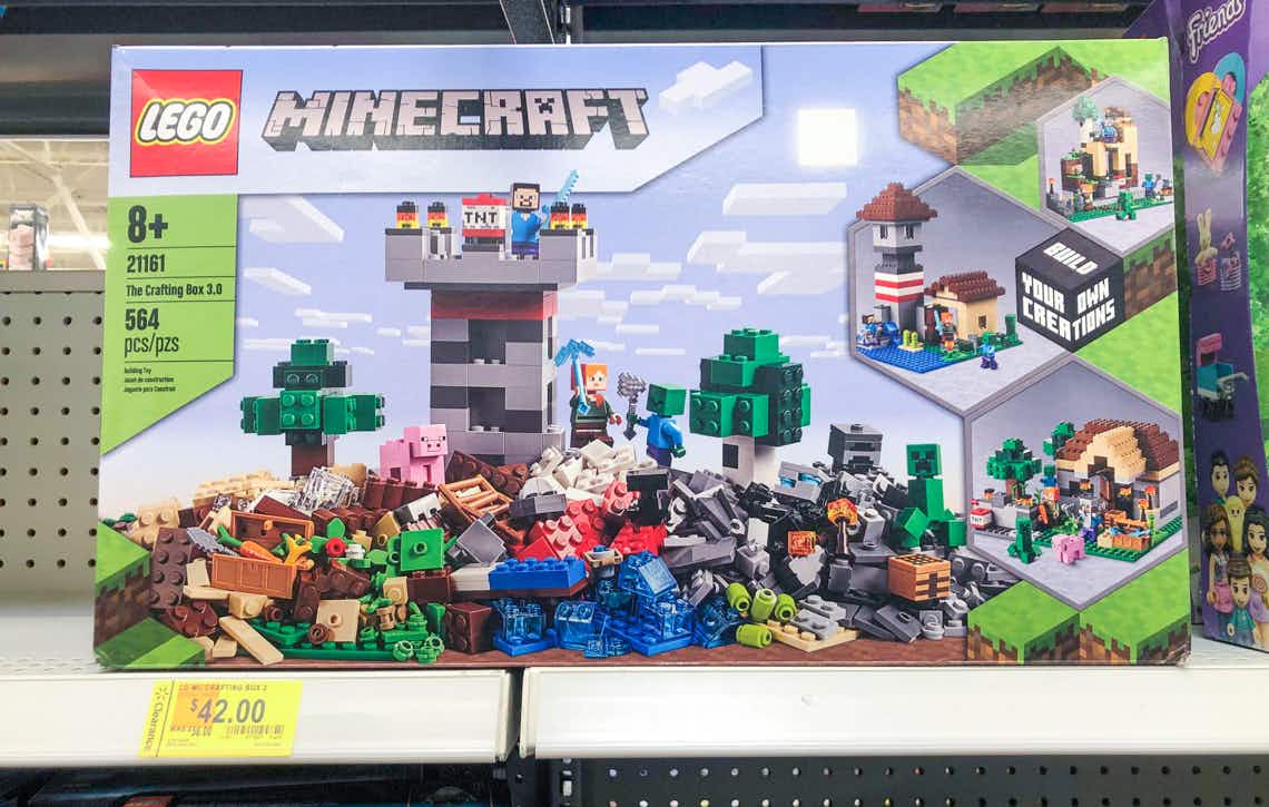 lego minecraft the crafting box set on walmart shelf with clearance tag
