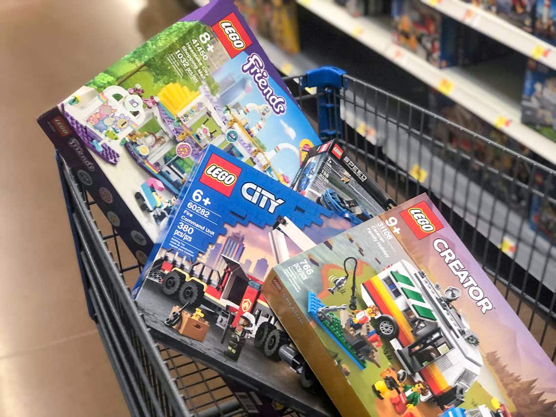 lego sets in a walmart cart in the toy aisle