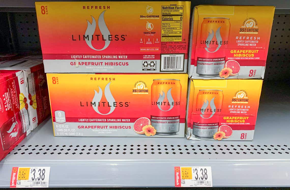 limitless grapefruit hibiscus flavored sparkling water on walmart shelf with rollback price tag