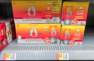 limitless grapefruit hibiscus flavored sparkling water on walmart shelf with rollback price tag