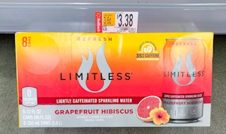 limitless grapefruit hibiscus flavored sparkling water leaning against walmart shelf with rollback price tage