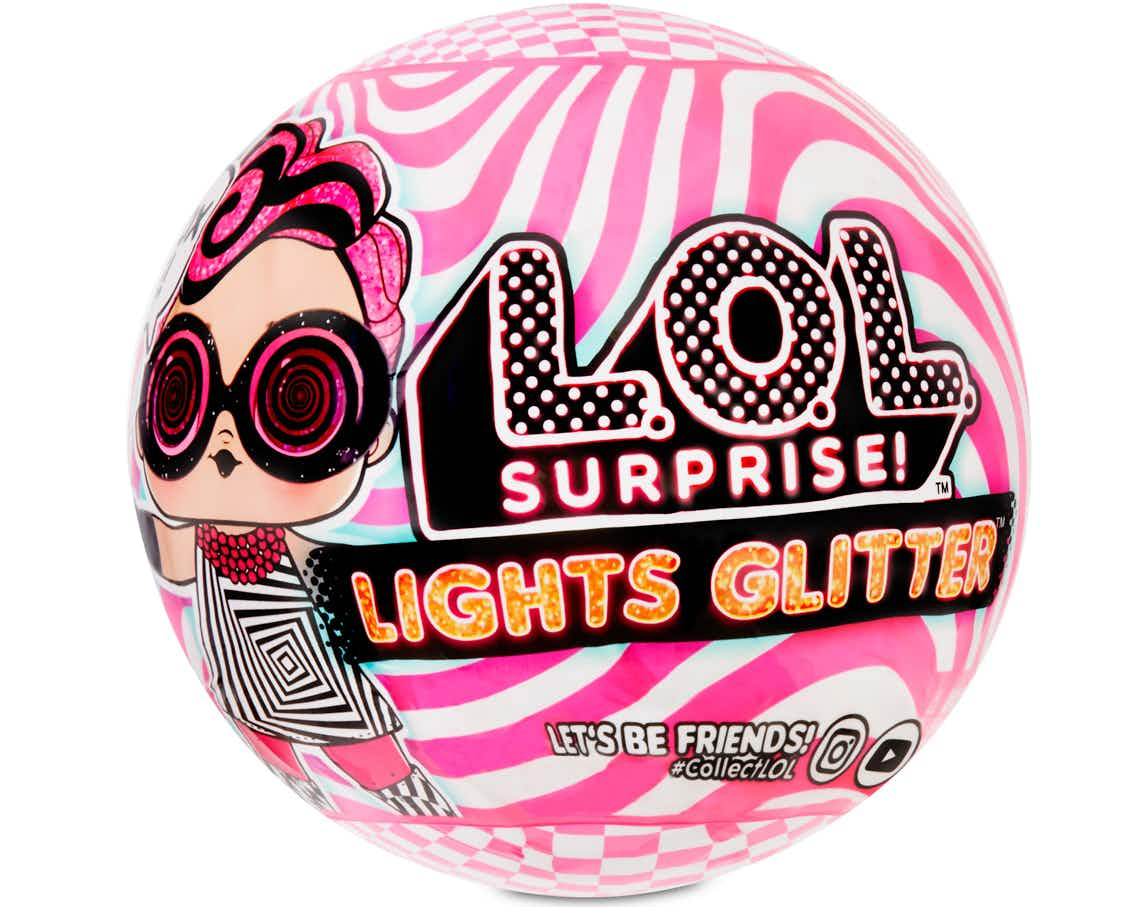 stock photo of lol surprise lights glitter doll packaging on white background