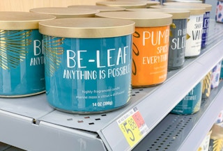 mainstays glass jar 3-wick candles on shelf