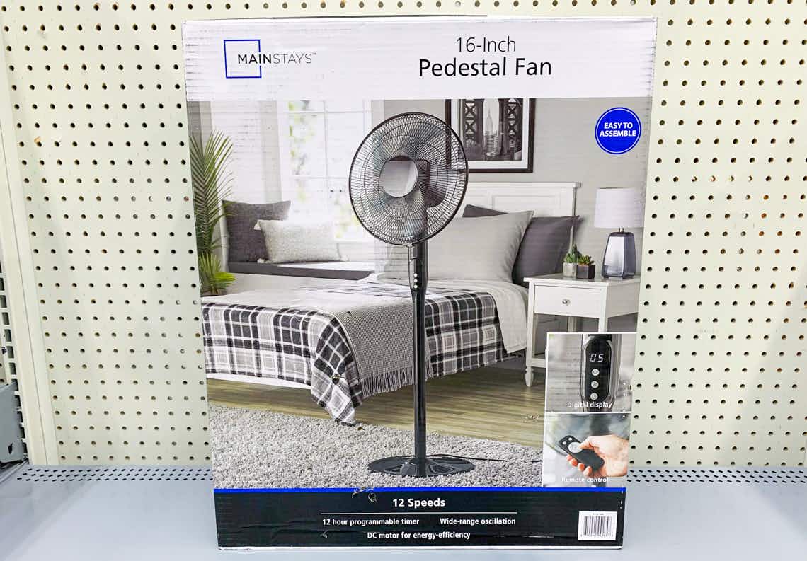 mainstays oscillating pedestal fan on walmart shelf