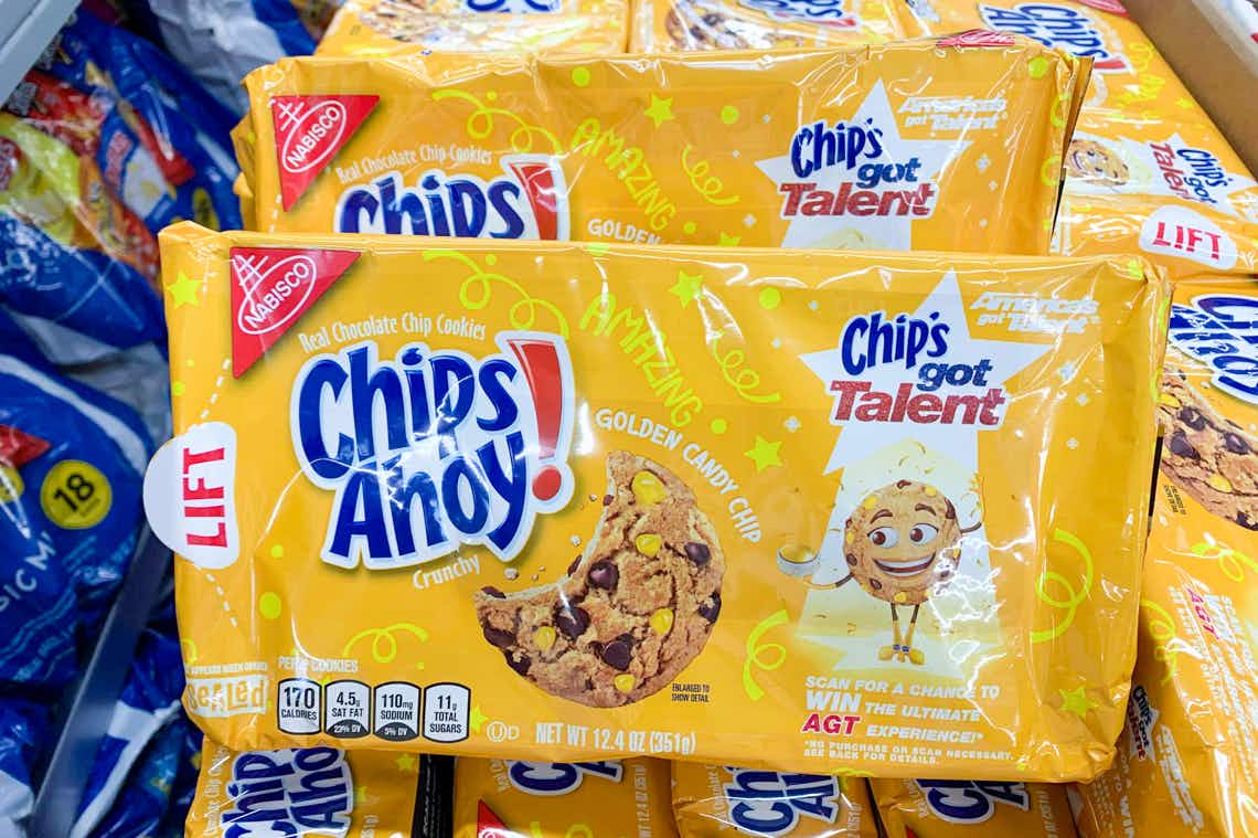 nabisco chips ahoy golden candy chip cookies on stacks of more cookie packages