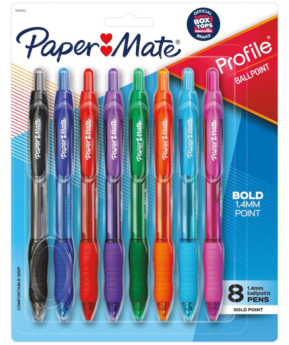 stock photo of paper mate pens in packaging on white background