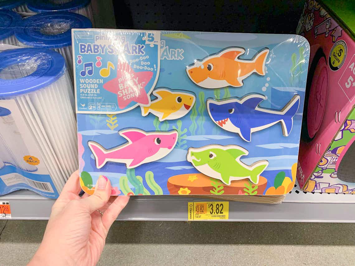 pink fong baby shark wooden sound puzzle with clearance tag