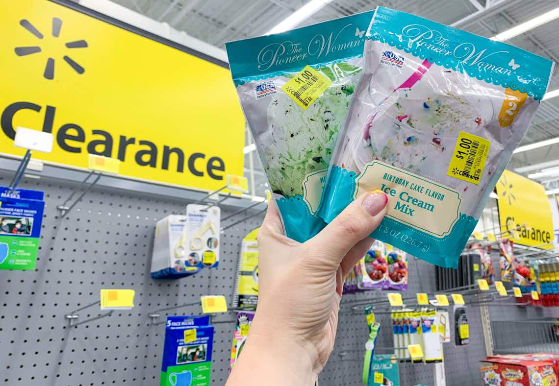 the pioneer woman ice cream mix packets held up in front of walmart clearance sign