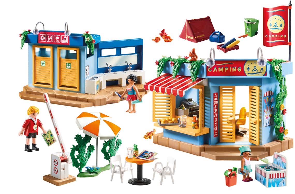 stock photo of playmobil camp ground adventure set on white background