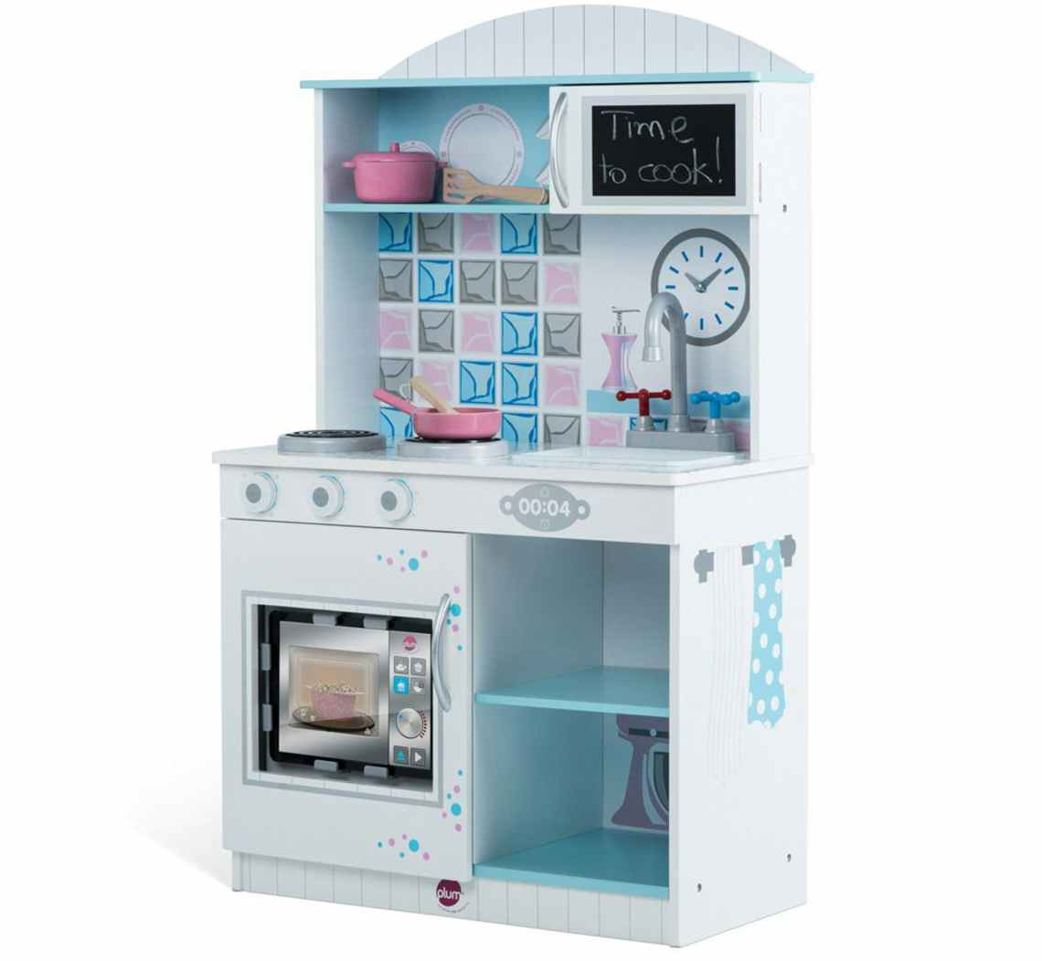 stock photo of plum play snowdrop wooden kitchen playset on white background