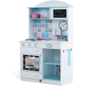 stock photo of plum play snowdrop wooden kitchen playset on white background