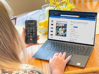 close up of woman looking up walmart.com items and calling customer service