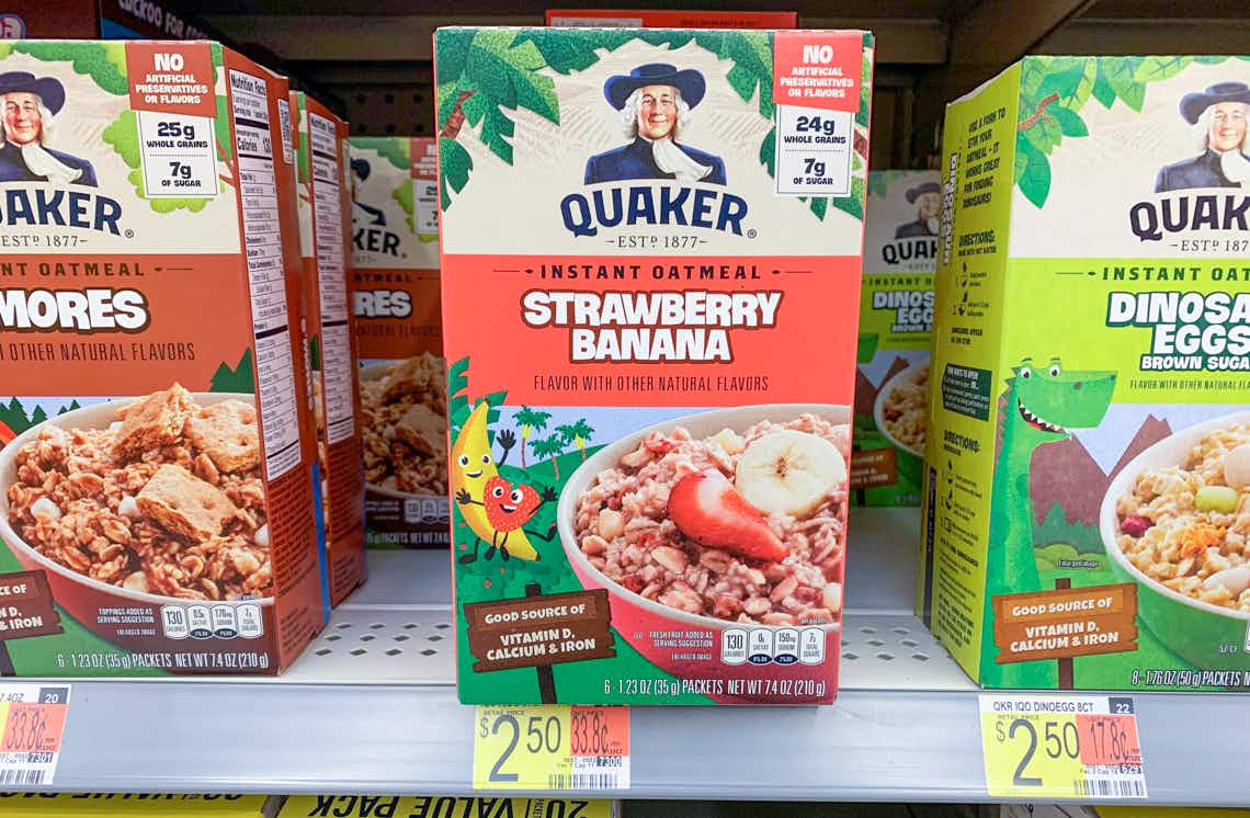 quaker instant oatmeal strawberry banana flavor on walmart shelf