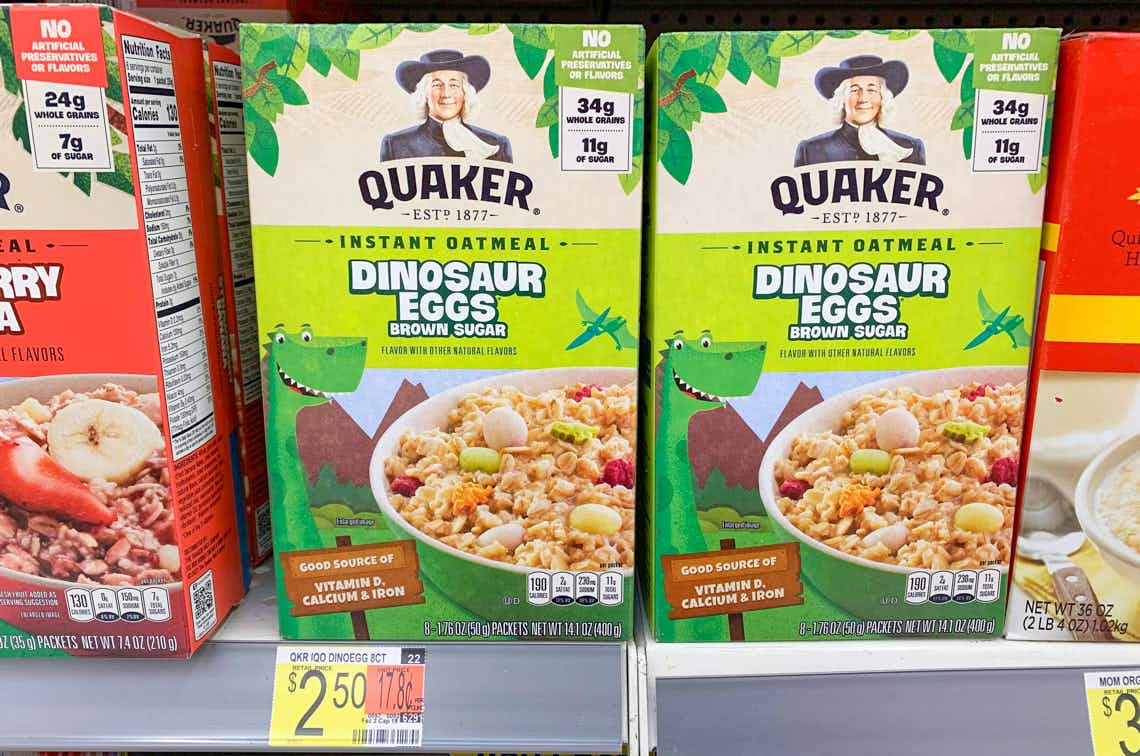 quaker instant oatmeal dinosaur eggs and brown sugar flavor on walmart shelf
